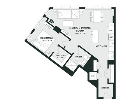 A black and white floor plan of a house with a bedroom, living/dining room, kitchen, bath, and entry.